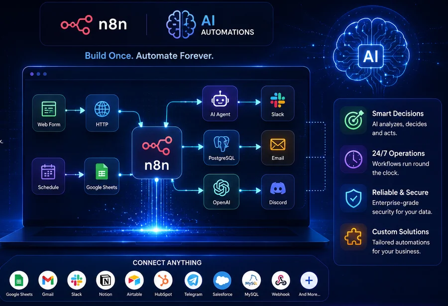 AI automation and workflow automation with n8n — connecting web forms, Google Sheets, AI agents, OpenAI, Slack and email into automated workflows