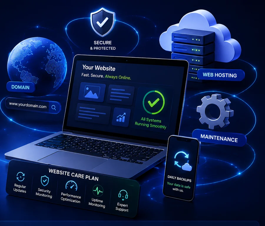 Website care plan and maintenance — managed hosting, security monitoring, daily backups, uptime monitoring and expert support keeping a website running smoothly