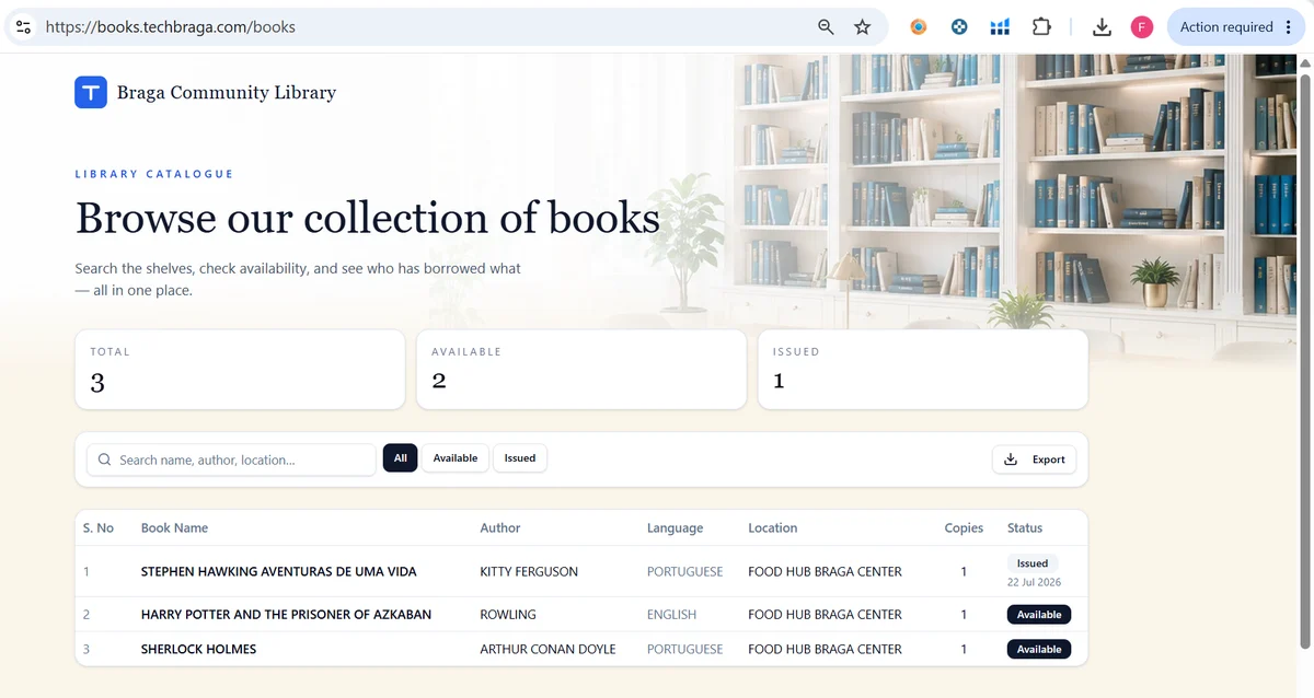 Braga Community Library web app — catalogue with total, available and issued counts, search, and a book table showing title, author, language, location, copies and status