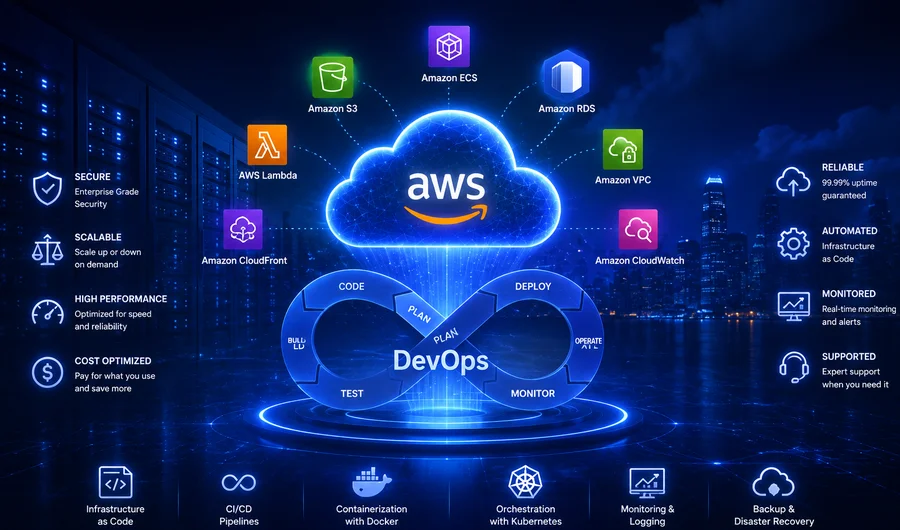 Cloud migration and DevOps services on AWS — CI/CD pipeline, containers and Kubernetes with S3, Lambda, RDS and monitoring