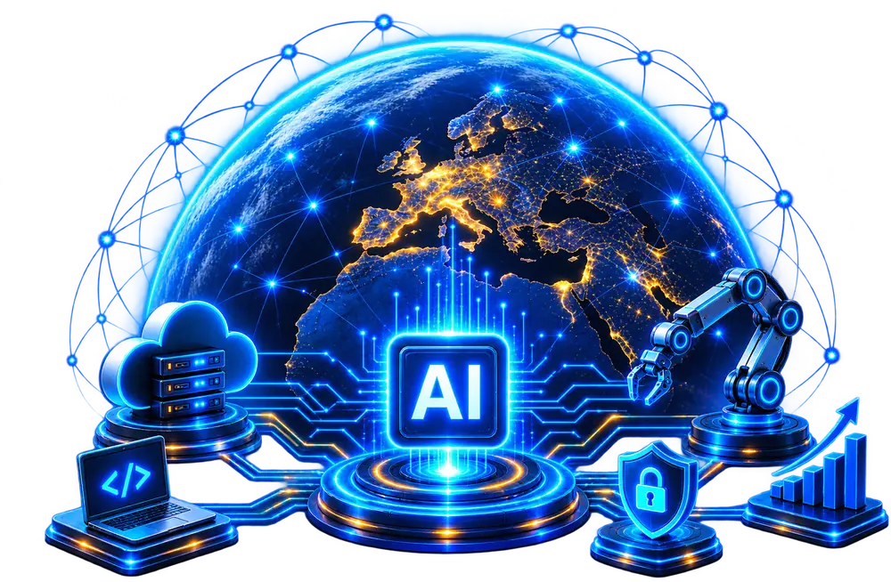AI-powered web and app development for European businesses — glowing map of Europe with an AI core and automation icons
