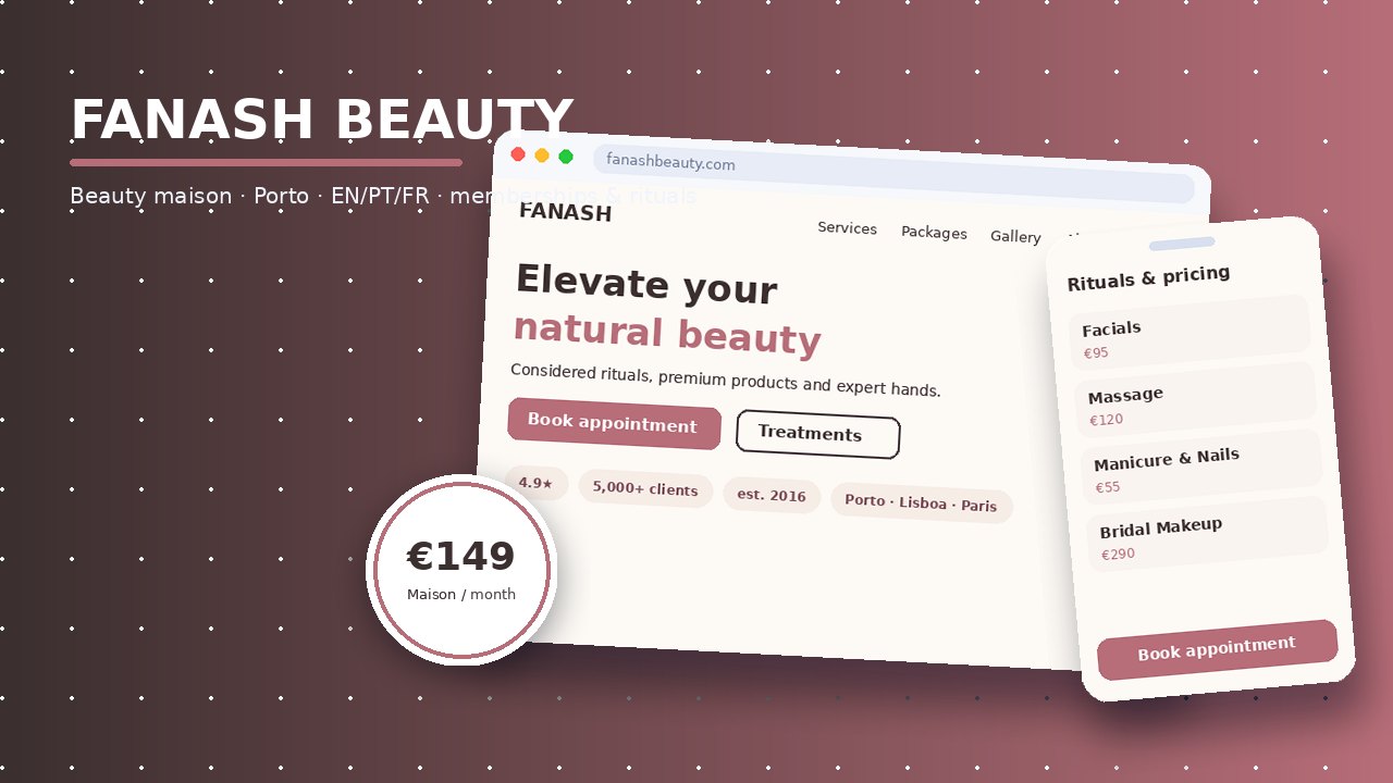 Fanash Beauty website design collage — recreated maison hero, treatment pricing and membership badge in rose-gold