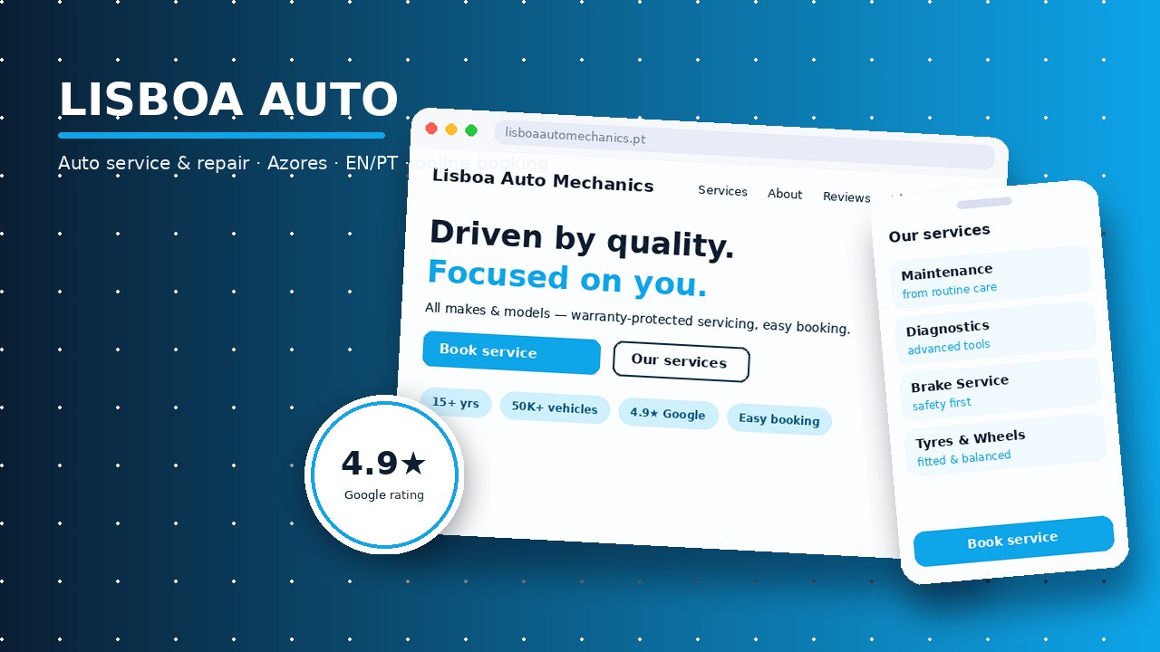 Lisboa Auto Mechanics website design collage — recreated hero and services in sky-blue brand