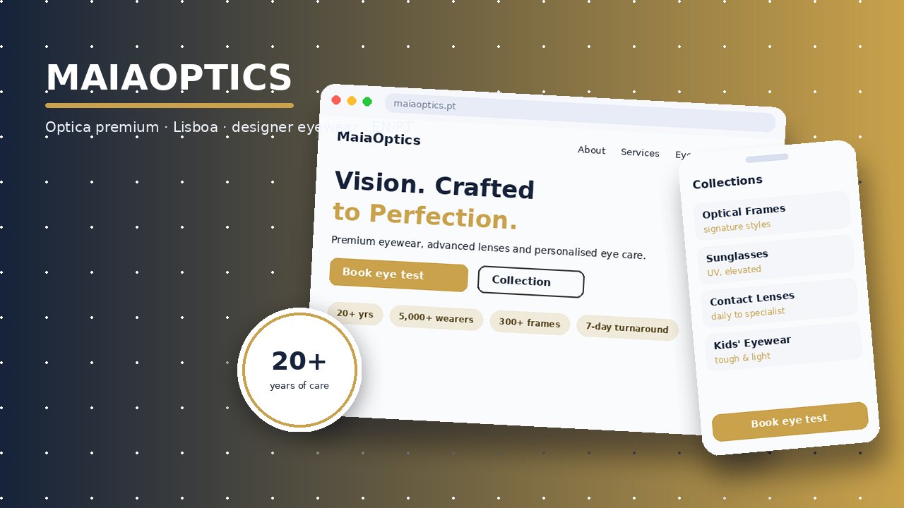 MaiaOptics website design collage — recreated optician hero, collections and years-of-care badge in navy and gold