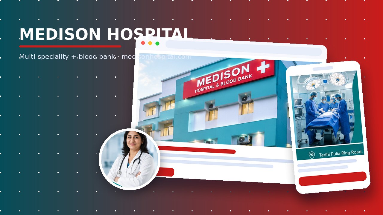 Medison Hospital website collage — hospital site in browser mockup, mobile view, and doctor portrait