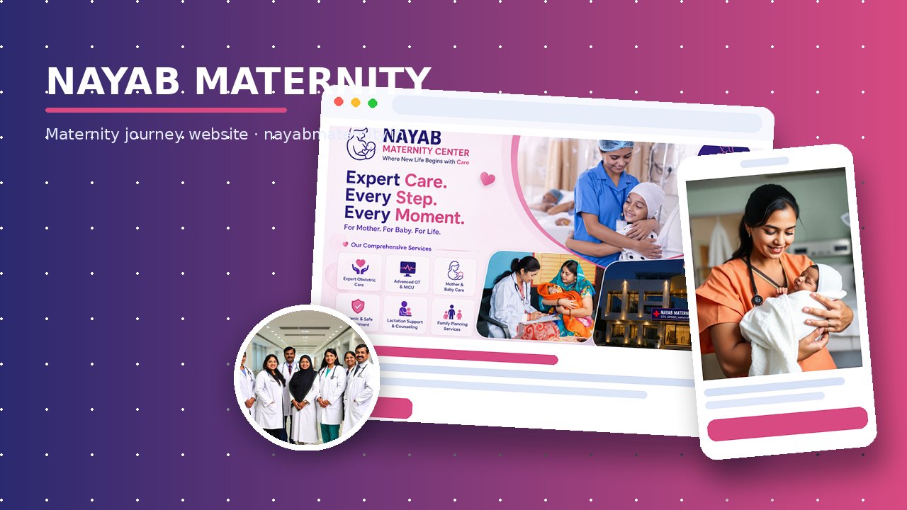 Nayab Maternity website collage — maternity site in browser mockup, mobile view, and team photo