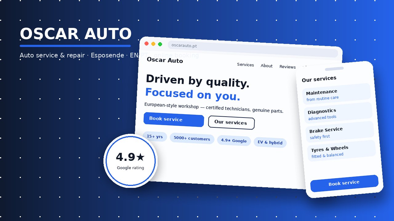 Oscar Auto website design collage — recreated hero, services and rating badge in brand blue