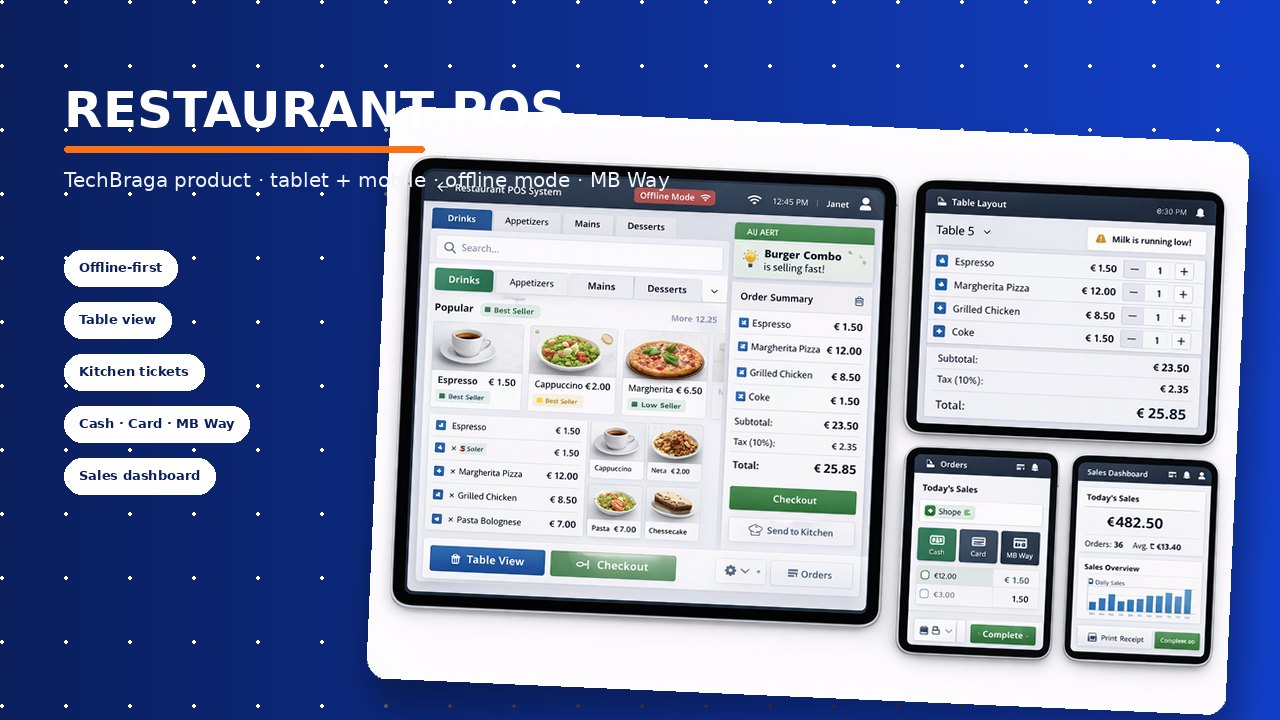 TechBraga Restaurant POS product — real interface screenshots on tablet and mobile: menu, order summary, table layout, payments and sales dashboard
