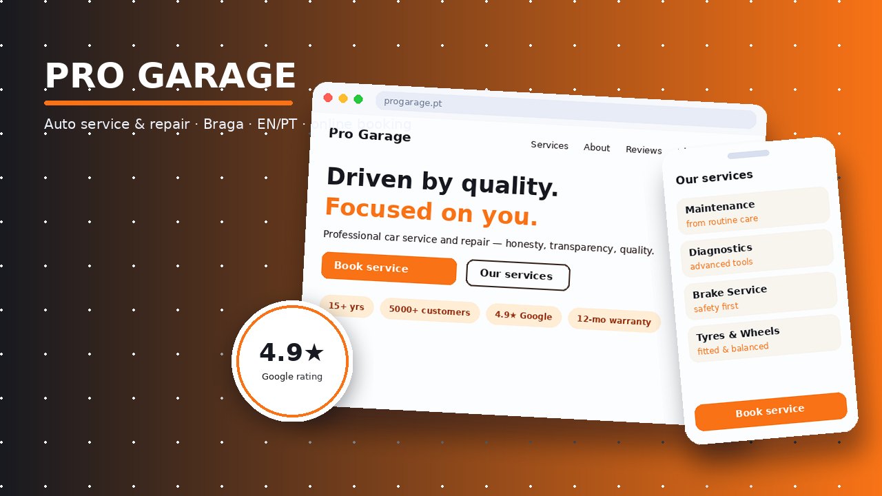 Pro Garage website design collage — recreated homepage hero, services list and Google-rating badge in brand orange