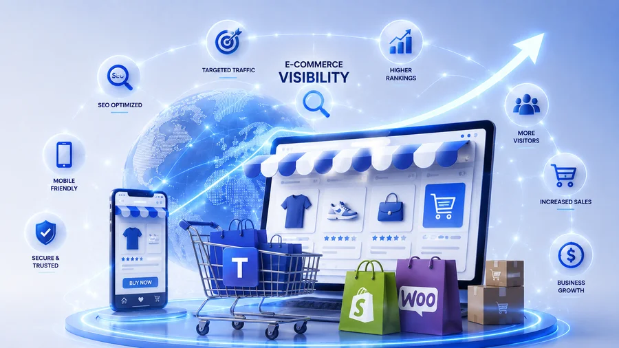 Shopify and ecommerce development — online store on laptop and mobile with cart, Shopify and WooCommerce, built to sell and scale